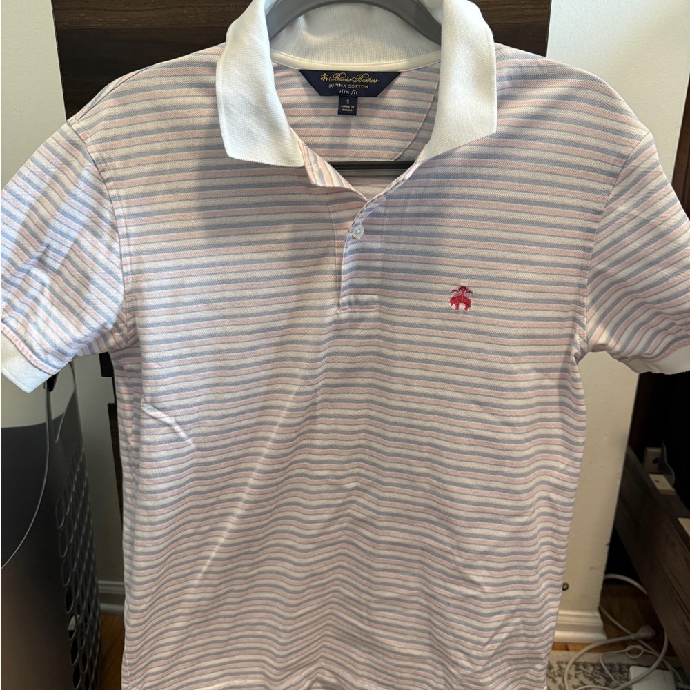 Brooks Brothers Pink and White Striped Polo Shirt